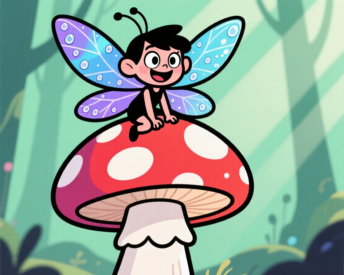An imaginative fantasy scene of a mischievous fairy perched on a giant mushroom, wings shimmering with dew droplets.