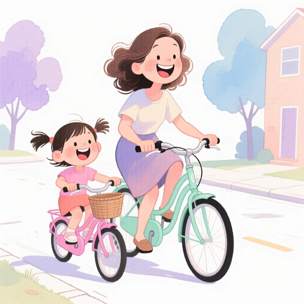 A mother and daughter riding bikes together along a quiet neighborhood street