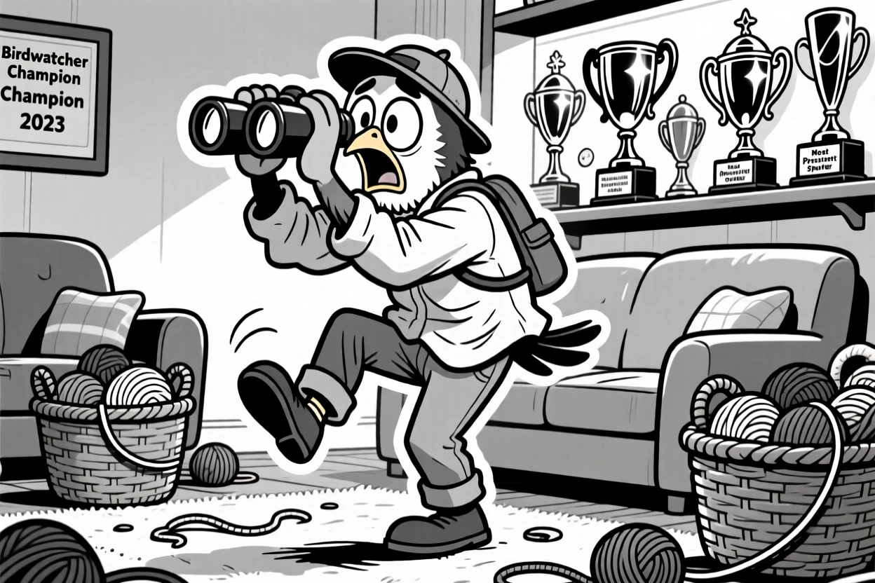 A birdwatcher peering through binoculars with wide eyes, trembling while holding a one-legged balance, set in a cozy living room surrounded by yarn baskets. A trophy shelf gleams in the background. It feels like the kind of memory friends laugh about for years.