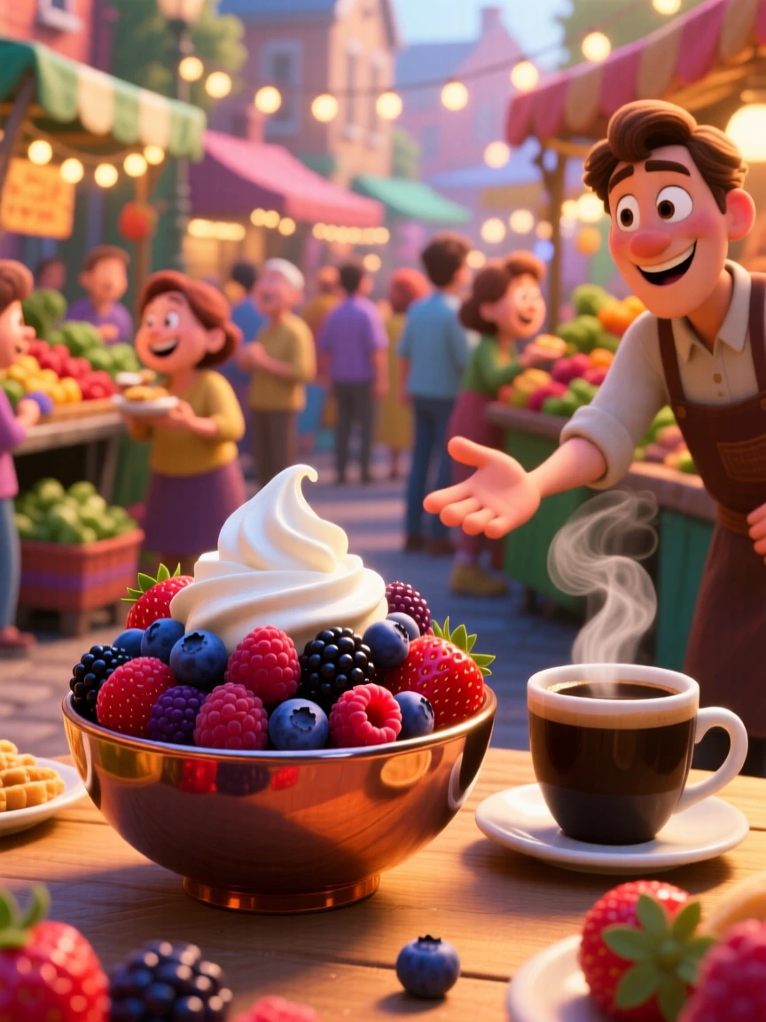 A bowl of fresh mixed berries with cream sits at a bustling street food market stall, next to a steaming cup of coffee. A cheerful, mouthwatering warmth surrounds the dish.