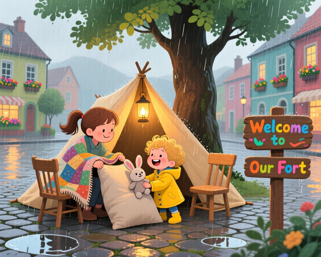In a small town square, an older sibling and a younger one bond over building a blanket fort together on a rainy day, with tears turning quickly into laughter.