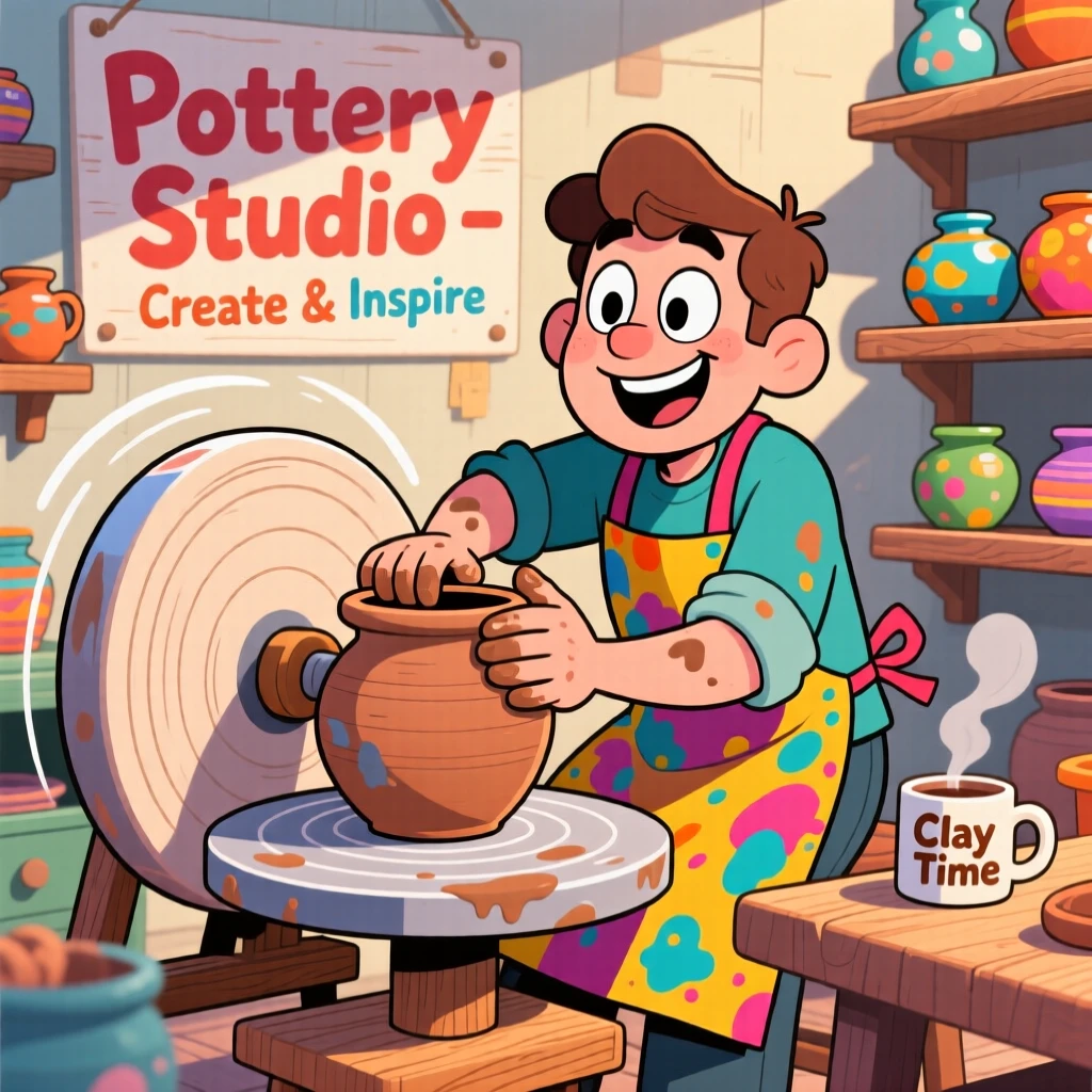 A potter shaping clay on a spinning wheel.