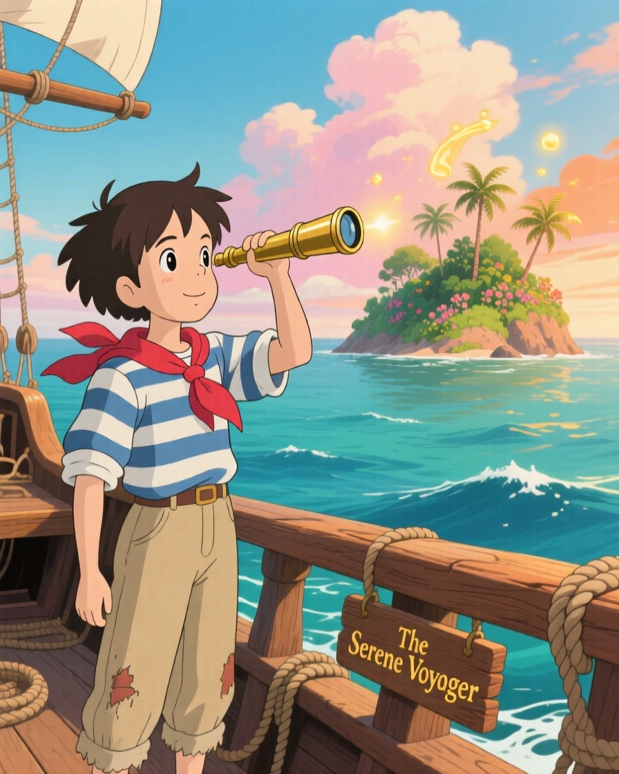 A sailor spotting a distant uncharted island through a spyglass, the moment quietly triumphant.
