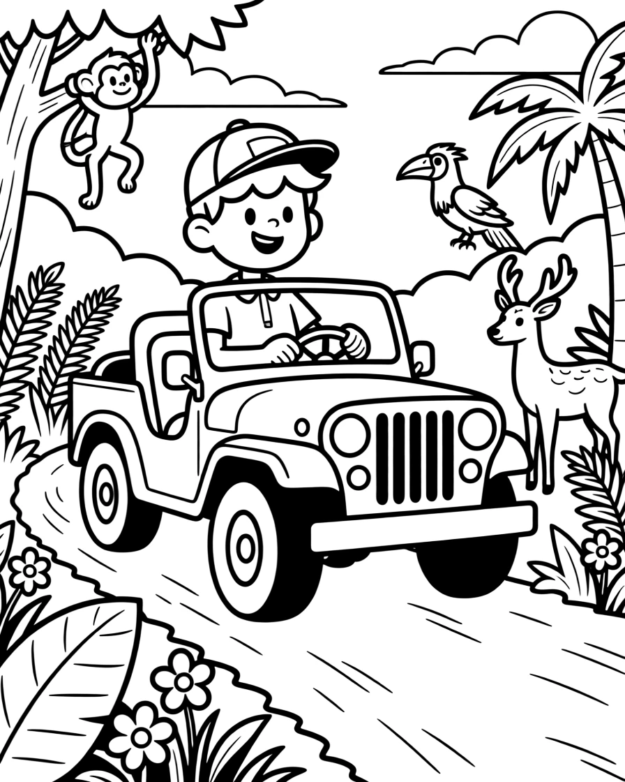 A jeep driving through a jungle trail