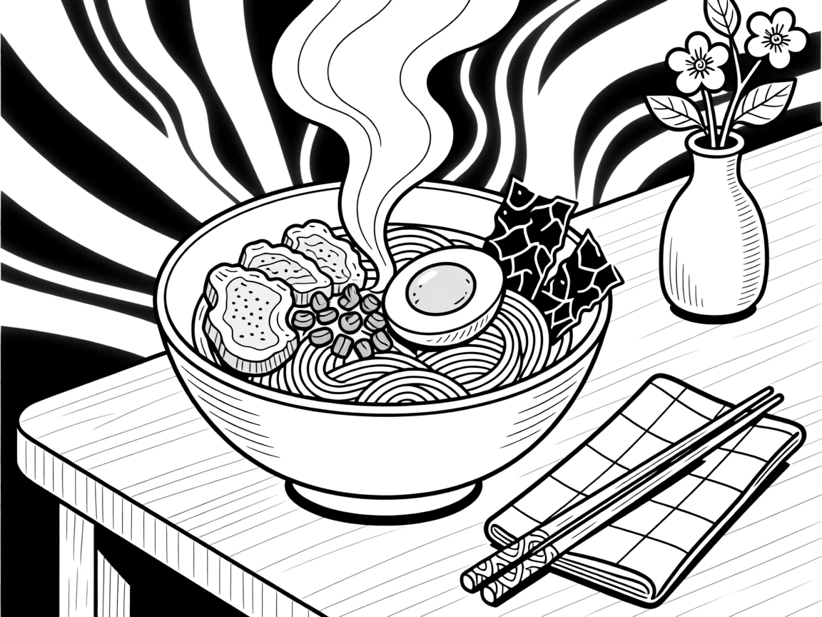 A bowl of steaming ramen with a soft-boiled egg, with a warm, inviting glow over the whole scene.