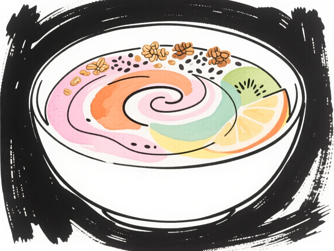 A bowl of colorful fruit smoothie topped with granola and chia seeds.