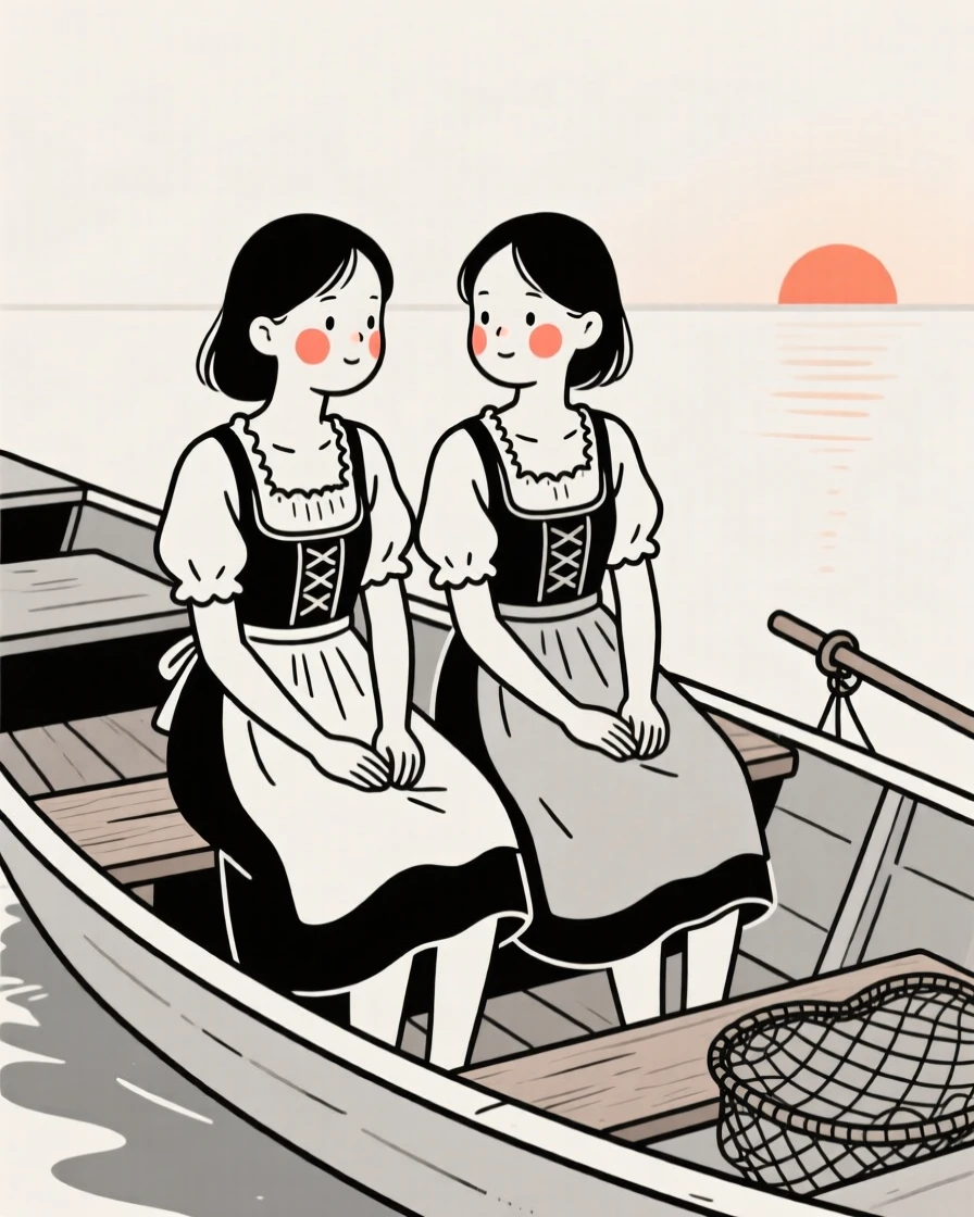 Twin sisters of Thai heritage wearing a Bavarian dirndl, resting in calm stillness, on a fishing boat at dawn.