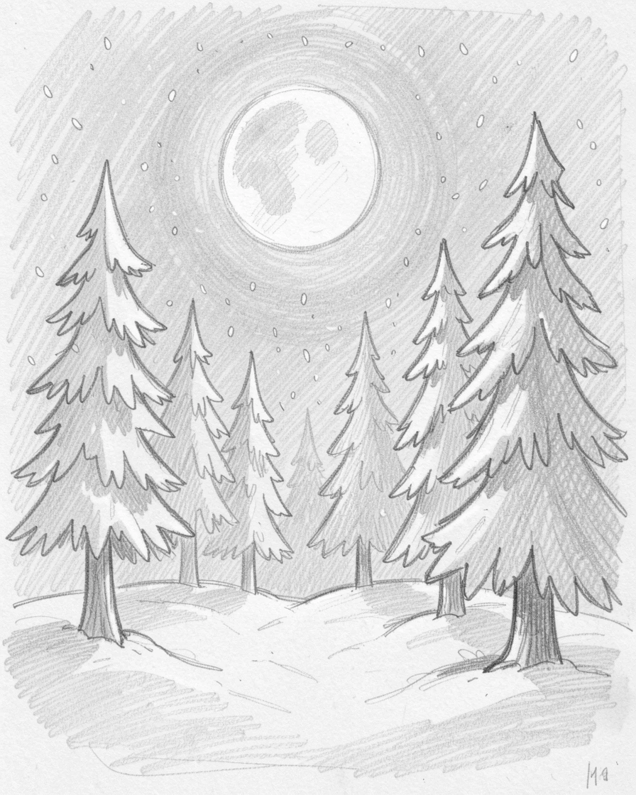 A breathtaking view of a pine forest after fresh snowfall, illuminated by a brilliant full moon, with snow gently falling.