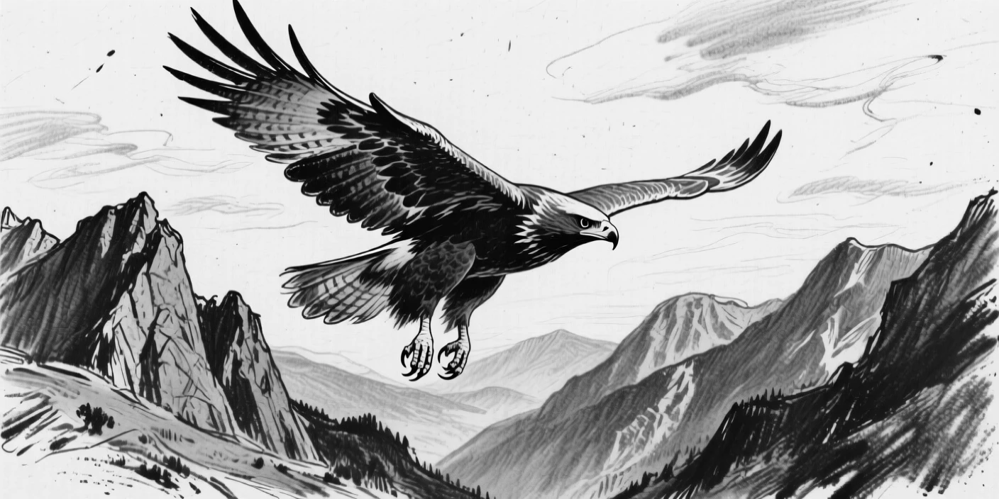 A hawk in flight soaring high above a mountain valley.