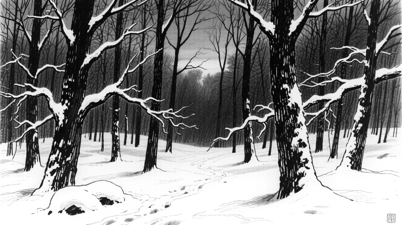 A snow-covered forest at dusk, soft light filtering between the trees.