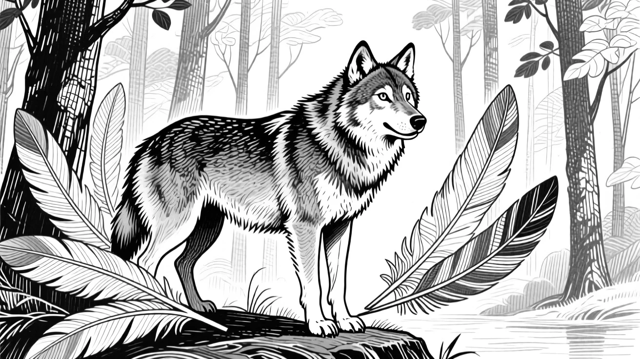A wandering wolf at the edge of a quiet forest, feathers fanned in fine detail, capturing a playful and lighthearted moment in nature with a strong, centered focal point.