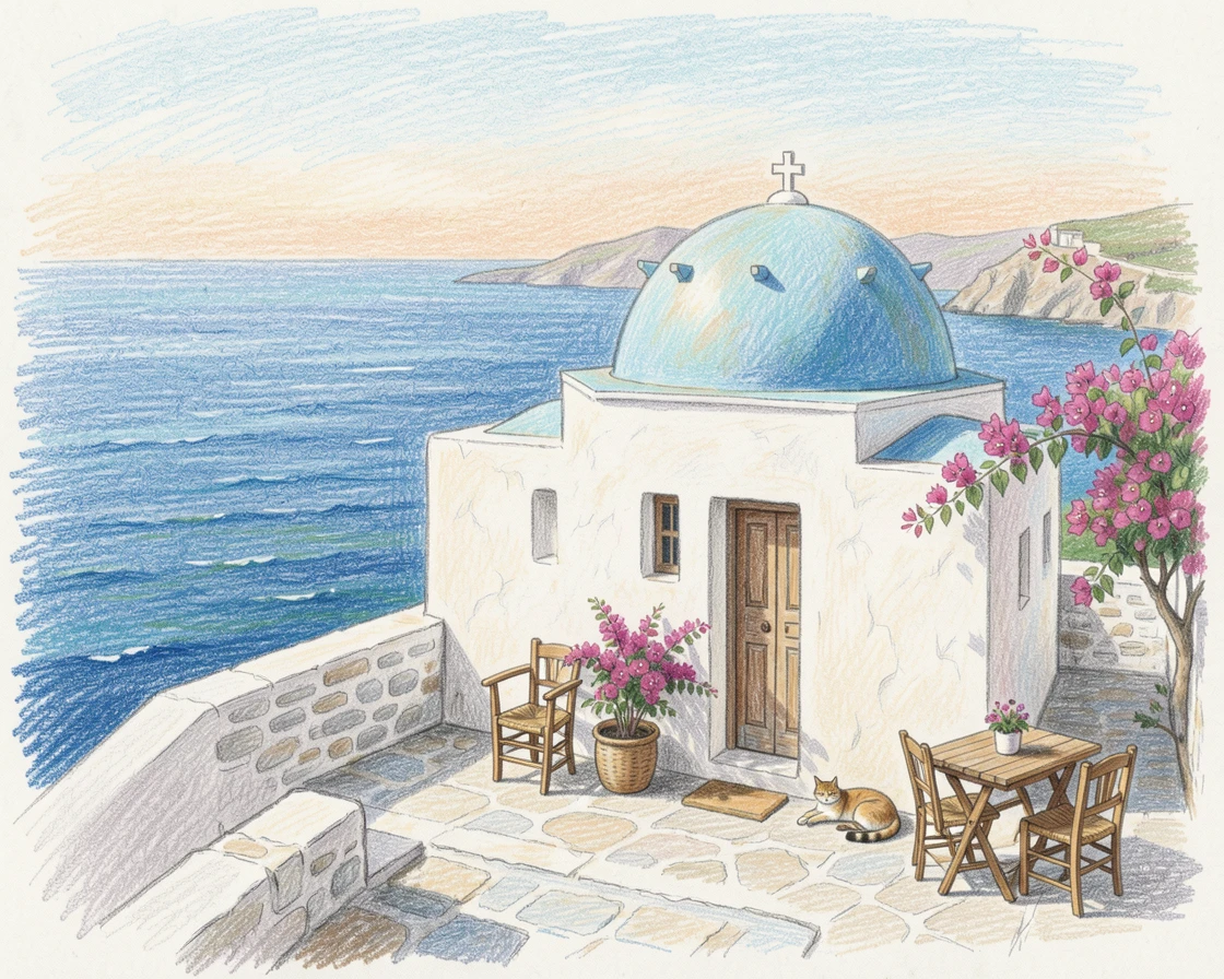 A Greek island chapel overlooking the deep blue Aegean Sea, bustling gently with quiet everyday life, full of romance and quiet awe.