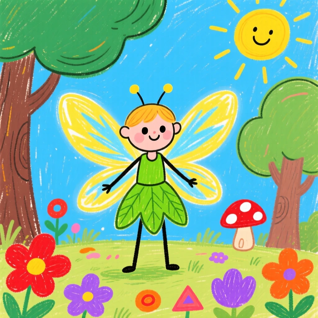 A small forest fairy with glowing wings in an enchanted forest clearing.
