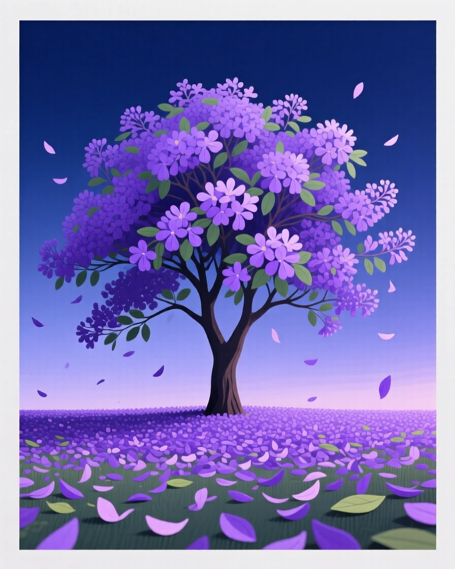 A blooming jacaranda tree carpeting the ground in purple petals, under a deep indigo twilight sky, framed symmetrically to create a calm, balanced feel, with delicate textures visible in every leaf and petal.