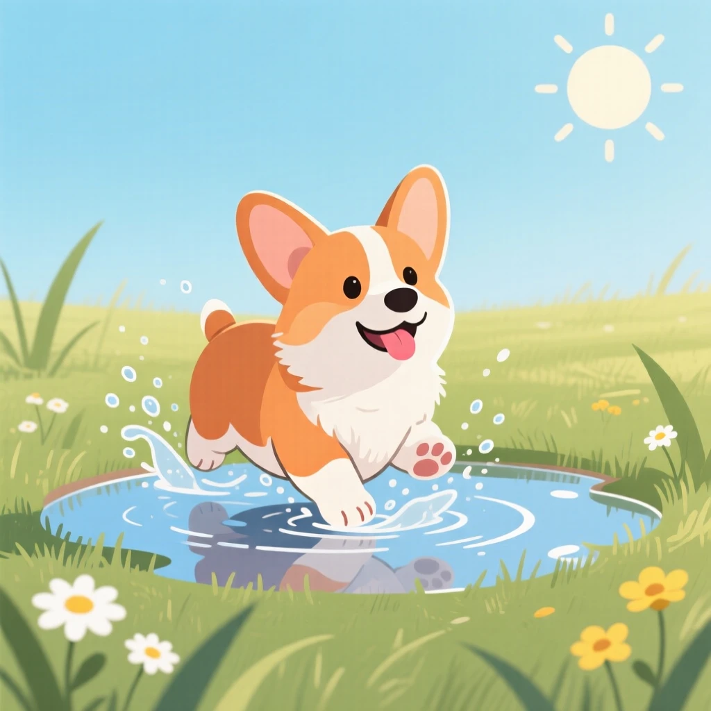 A playful corgi puppy splashing in a puddle in a sunny meadow.