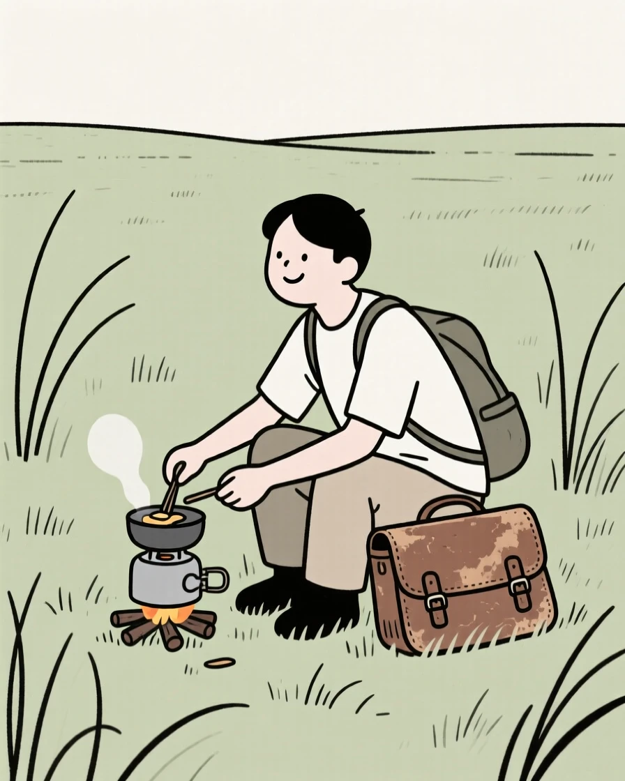 A traveler preparing a meal in a countryside field, surrounded by a worn leather satchel, conveying quiet joy.