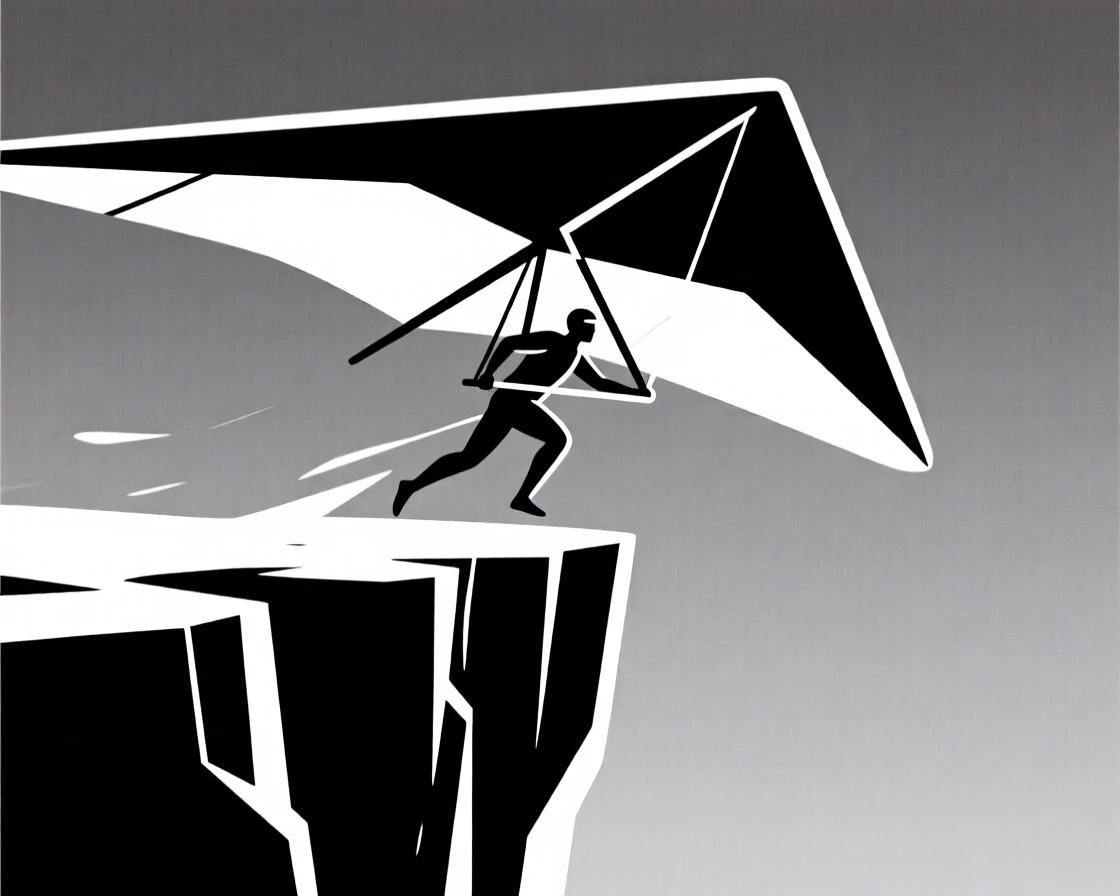 A hang gliding pilot launching from a cliff edge.