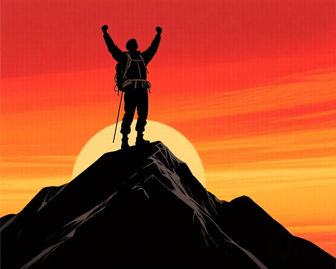 A hiker standing on a mountain summit with both arms raised triumphantly against the sky.