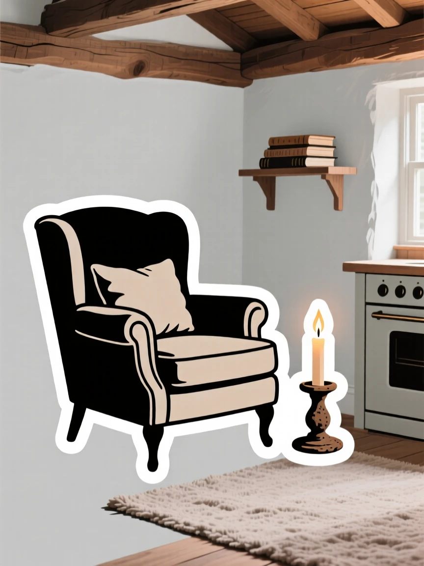 A homely cozy reading nook chair, placed next to a lit candle, in a cozy cottage kitchen.