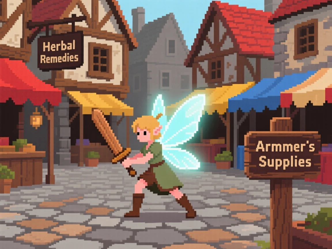 A tiny fairy with glowing wings training with a wooden practice sword, in a market square of a fantasy town.