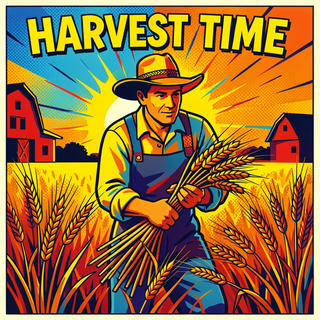 A farmer harvesting late-day wheat at sunrise