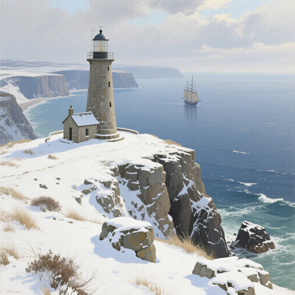 An aerial view of a stone lighthouse standing at the edge of a dramatic headland, under a fresh blanket of winter snow, in the age of sailing ships.
