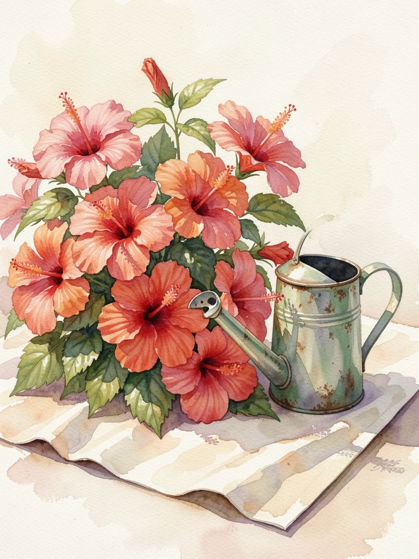 A bed of tropical hibiscus flowers on a picnic blanket next to an antique watering can.