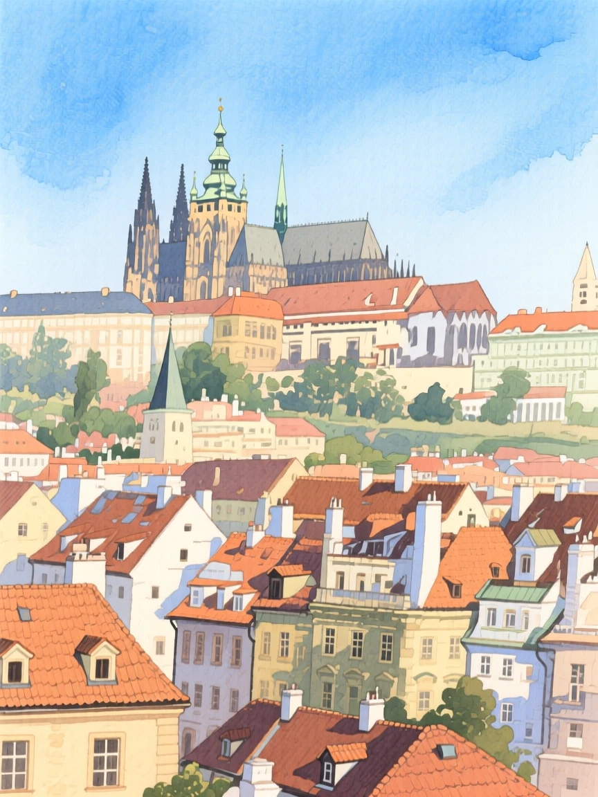 A picturesque view of an old quarter in Prague with a castle rising above the rooftops, beneath a clear blue sky