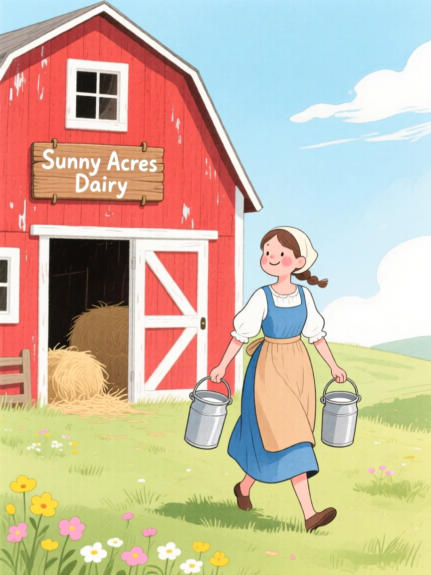 A milkmaid carrying pails past a red barn, peaceful and full of gentle motion.
