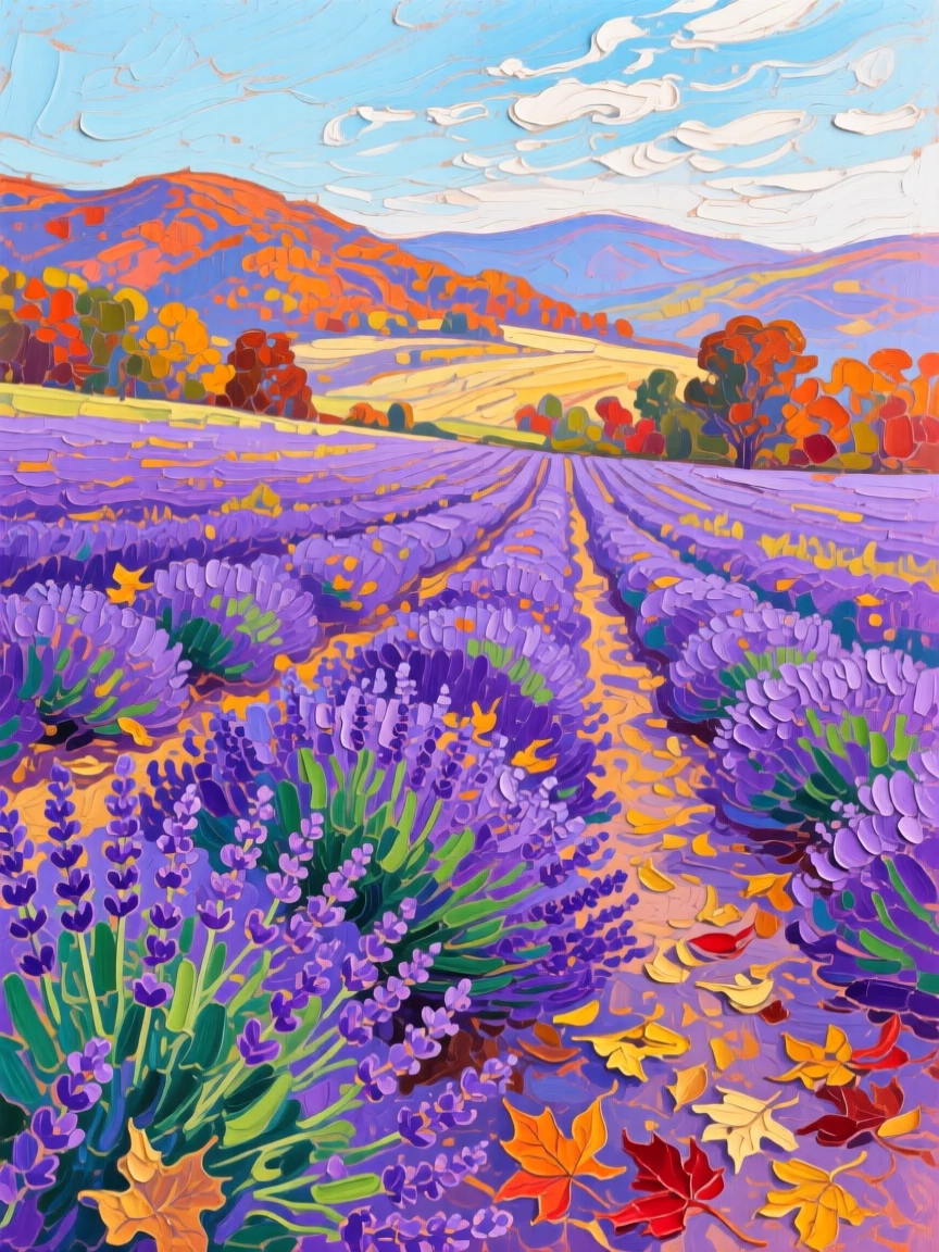 a lavender farm stretching toward distant hills, on a crisp autumn morning, with layered visual detail from foreground to horizon.