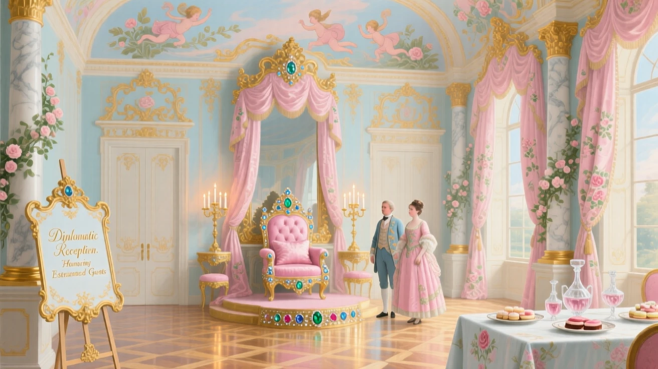 A jeweled throne room prepared for a diplomatic reception  