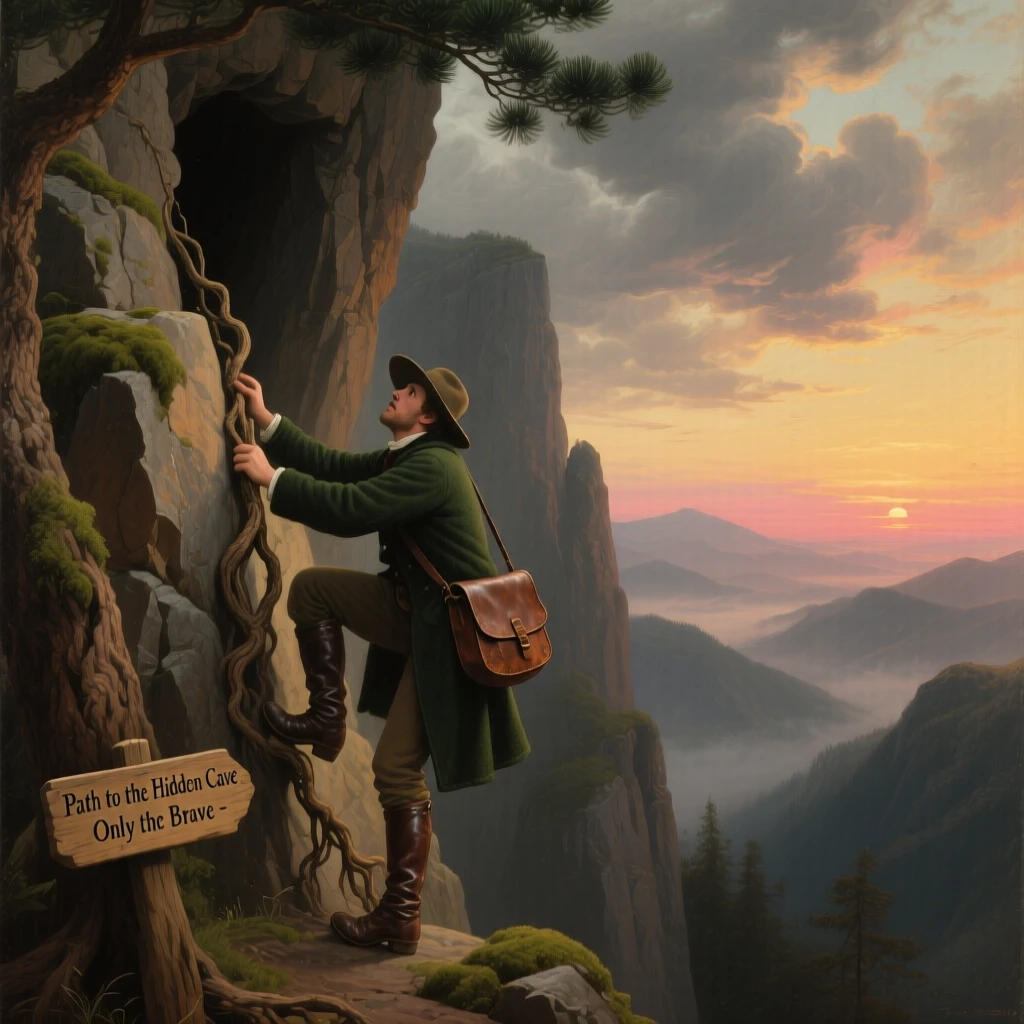 An explorer scales a cliff face to reach a hidden mountain cave.