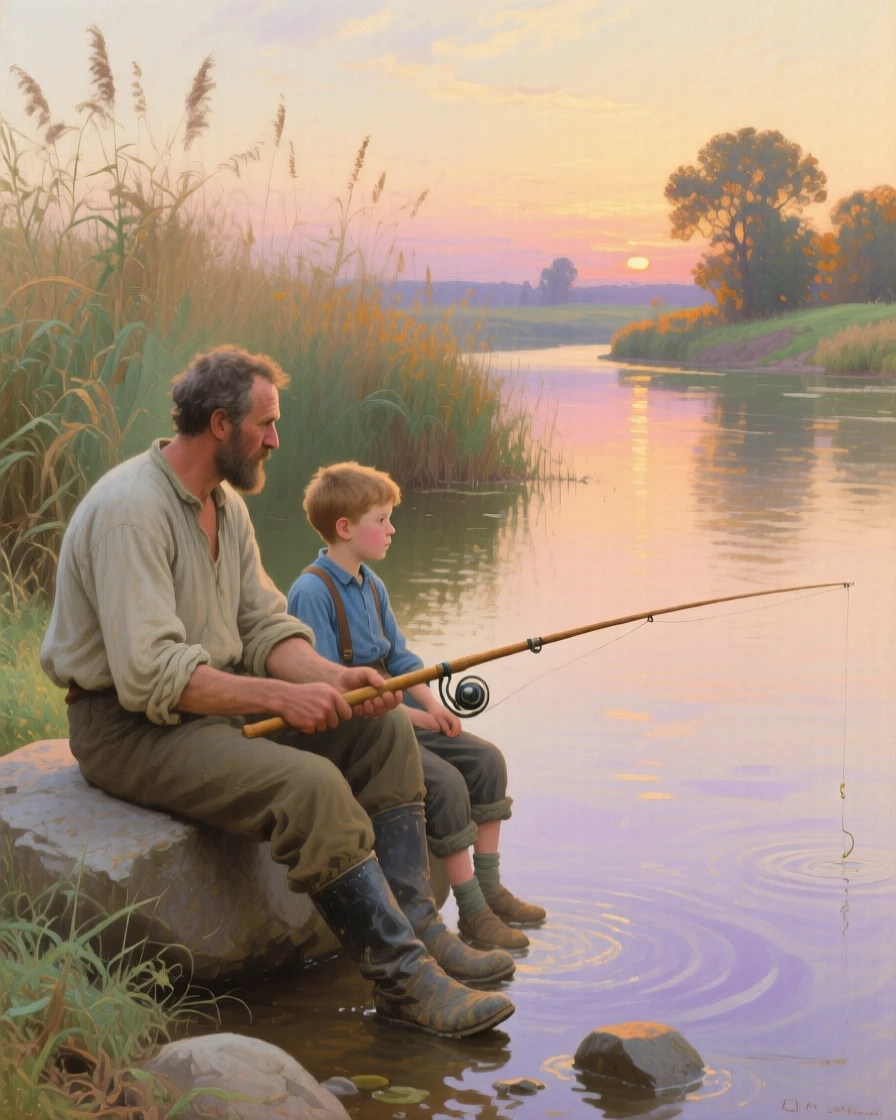 A father and son fishing together in comfortable silence at sunrise, with soft shadows adding depth and intimacy to the moment, offering a tender and unforgettable glimpse into the human spirit