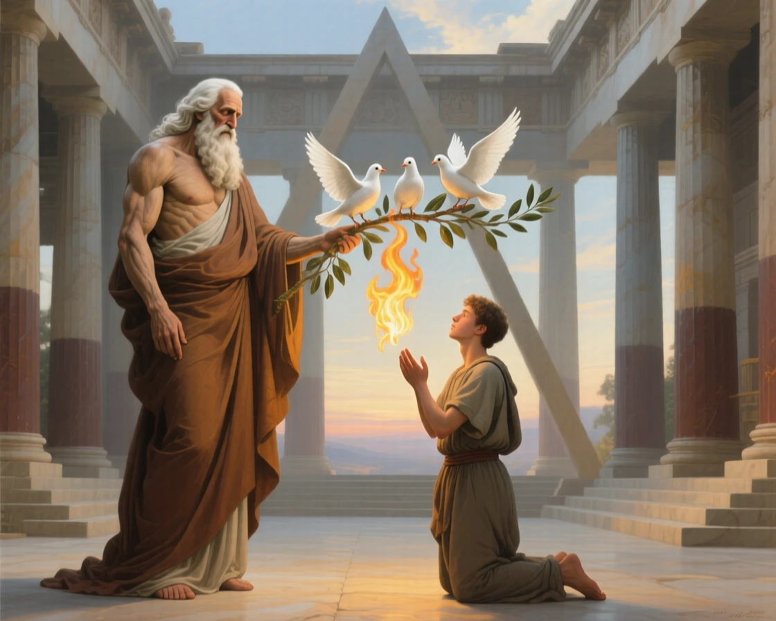 Father Time revealing a hidden truth to a kneeling mortal as light and shadow embody opposing truths, set within a classical temple open to the heavens, with doves, olive branches, or flames rendered as carriers of deeper meaning; a triangular arrangement lends the scene classical stability and gravity, suggesting hope, transformation, and the endurance of the human spirit.
