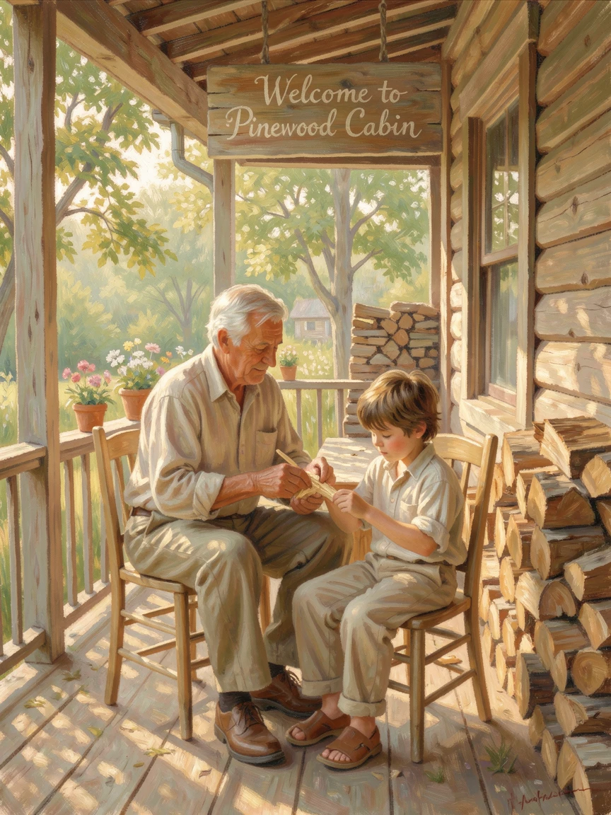 A grandfather teaching his grandson to whittle wood on the porch of a countryside cabin.