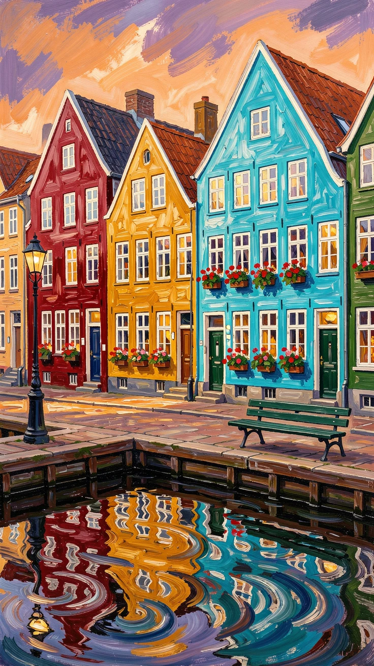 A quiet canal street in Copenhagen with brightly painted townhouses reflected in calm water.