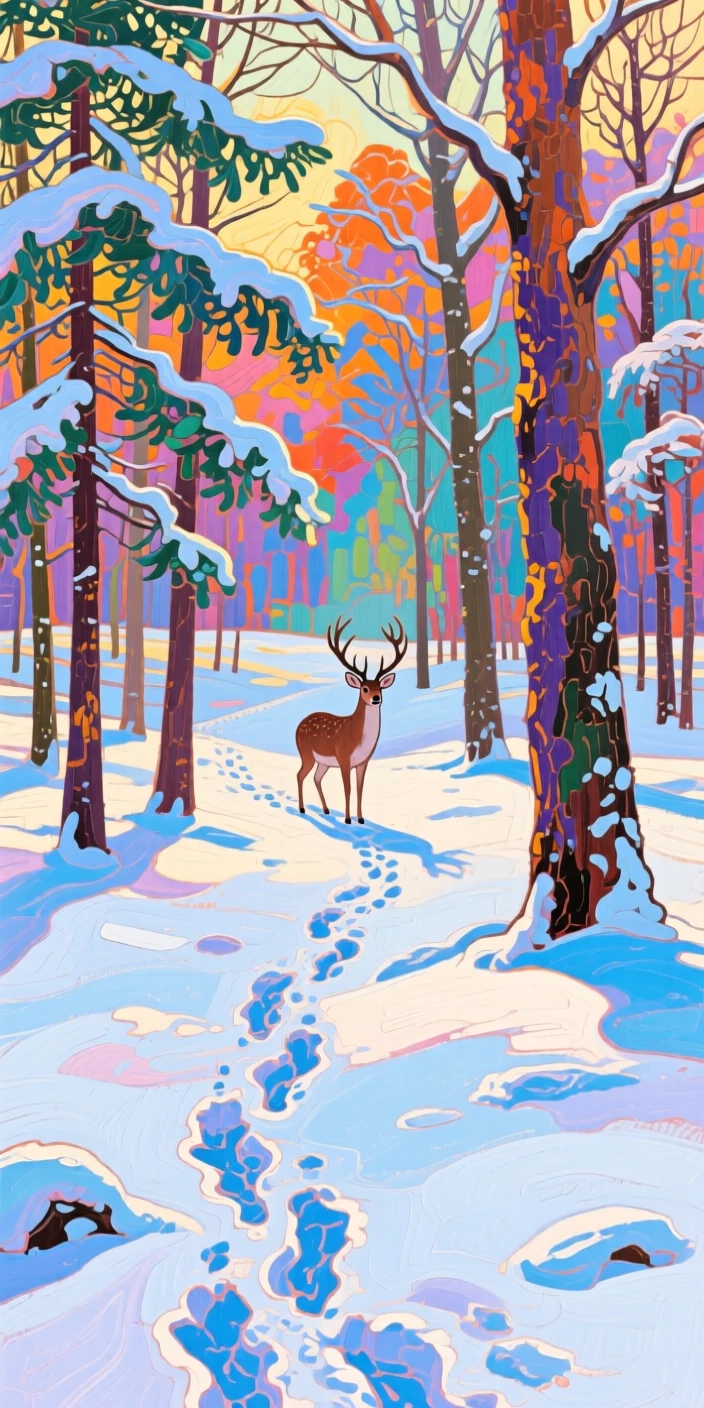 A winter forest blanketed in fresh snow, a single set of deer tracks leading into the trees