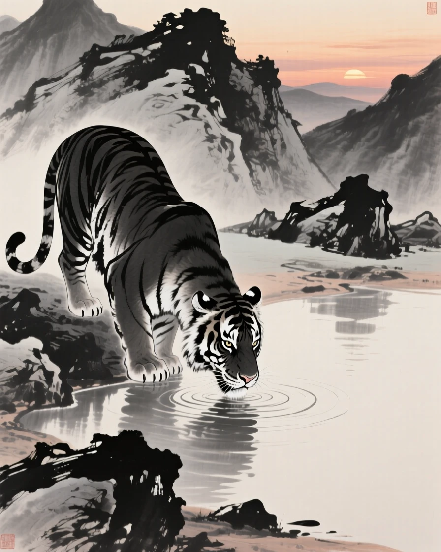 A tiger drinks from a quiet mountain pool at dusk, as the last light of evening falls across the rocks.