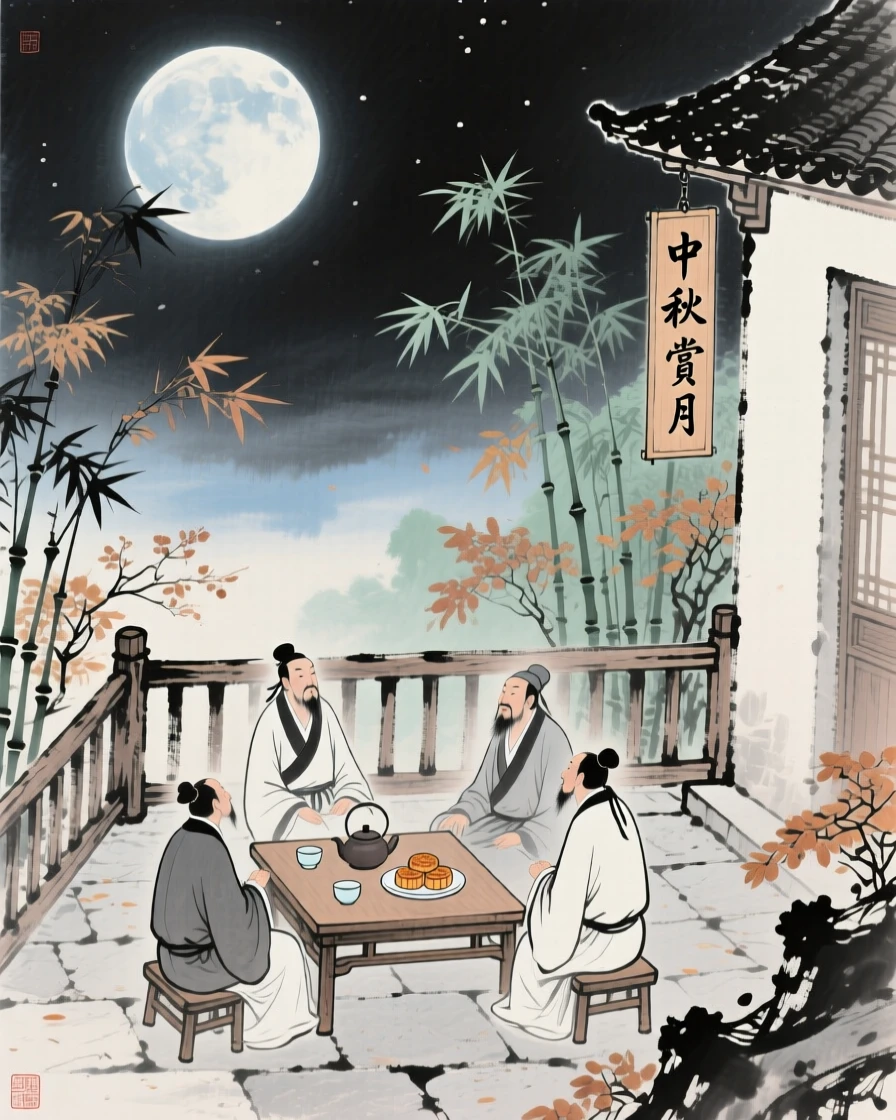 A moon viewing gathering on a garden terrace during the mid autumn festival, in late autumn, conveying a deep sense of harmony with nature.