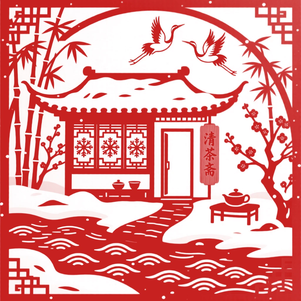 A riverside teahouse, under a blanket of fresh winter snow, a winding path leading visitors toward its door.