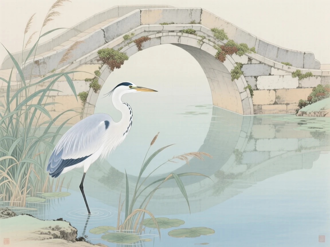 A heron fishing at the edge of a marsh under a curved stone bridge