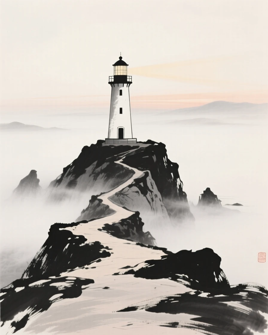 A lone lighthouse on a rocky point surrounded by drifting mist at dawn, framed symmetrically along a central path, conveying quiet reverence for the past.