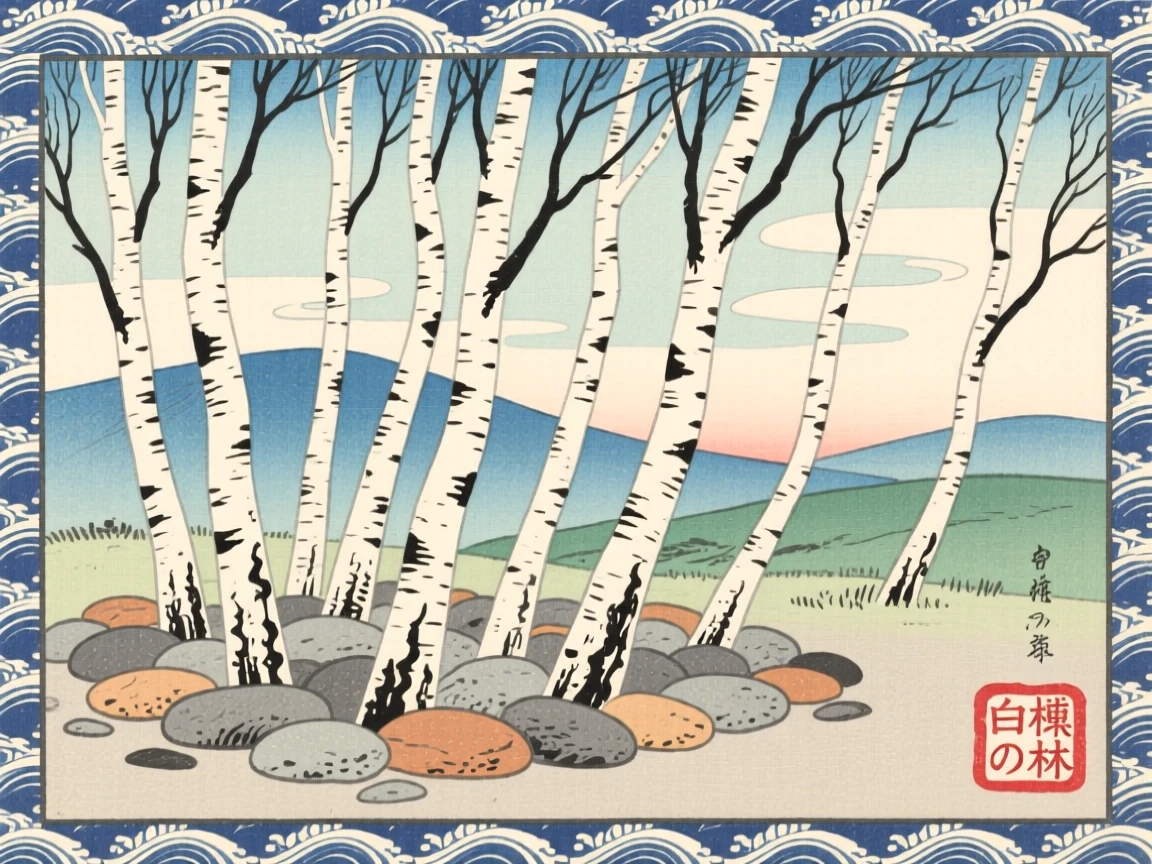A grove of white birch trees, bordered by carefully placed stones.