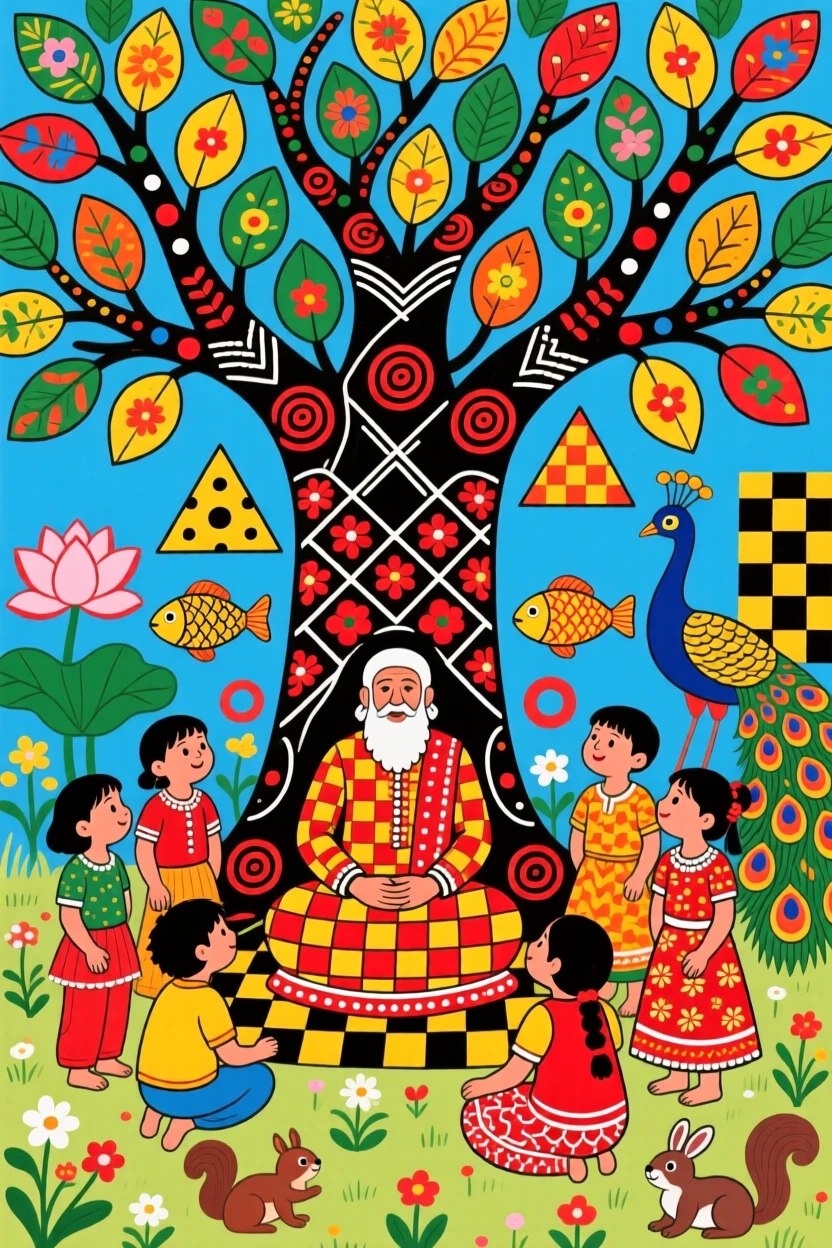 Children gathered around a storyteller under the shade of an old tree.