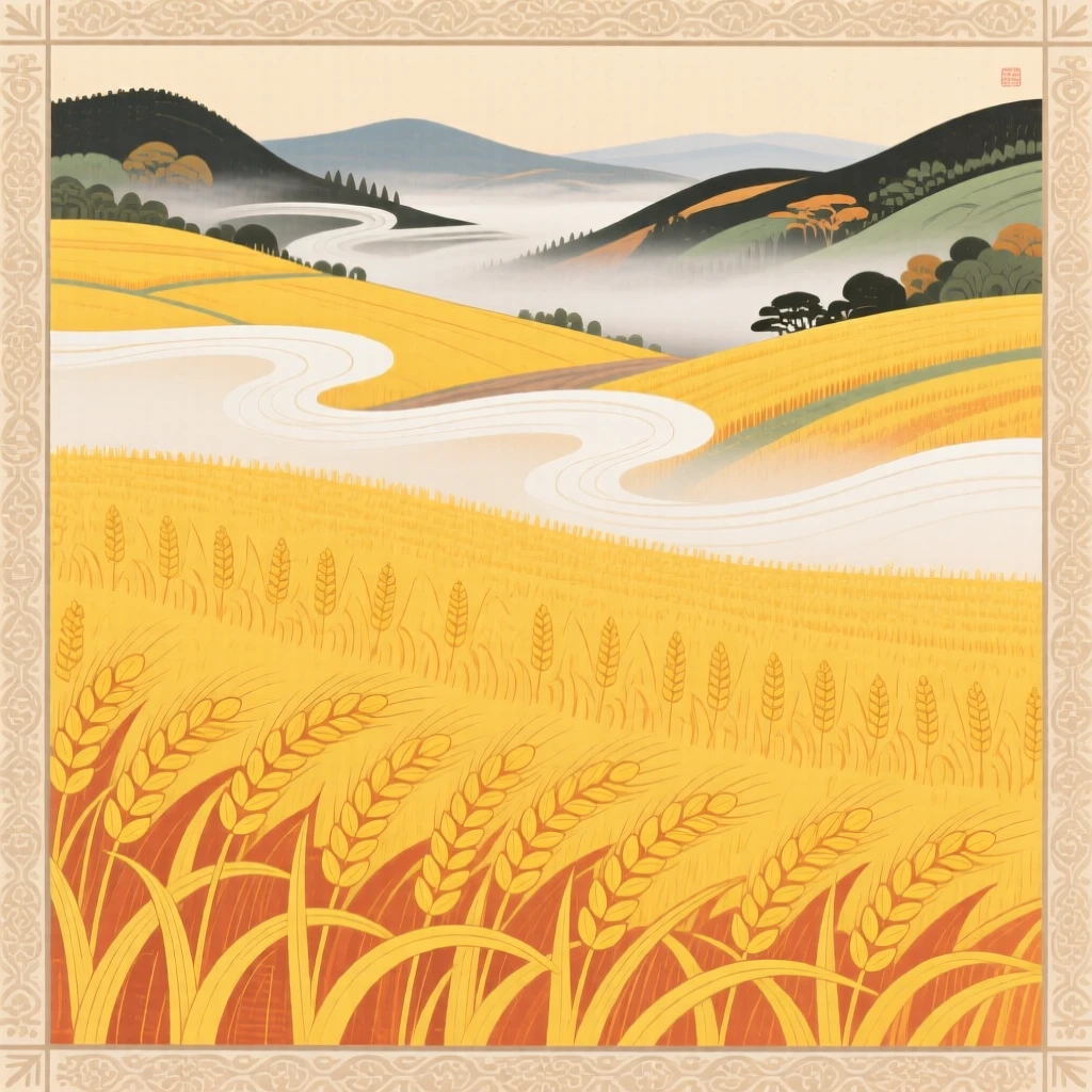 A sweeping view of a wide field of golden barley as fog drifts through the valley.