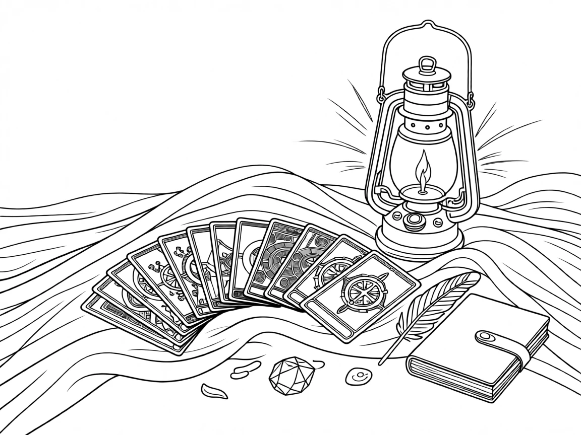 A tarot card spread laid out on a velvet cloth, with an old lantern casting flickering light nearby.