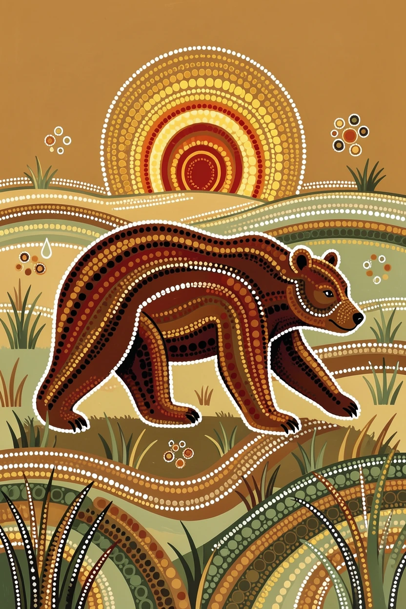 A mother bear crossing an open grassland at dawn