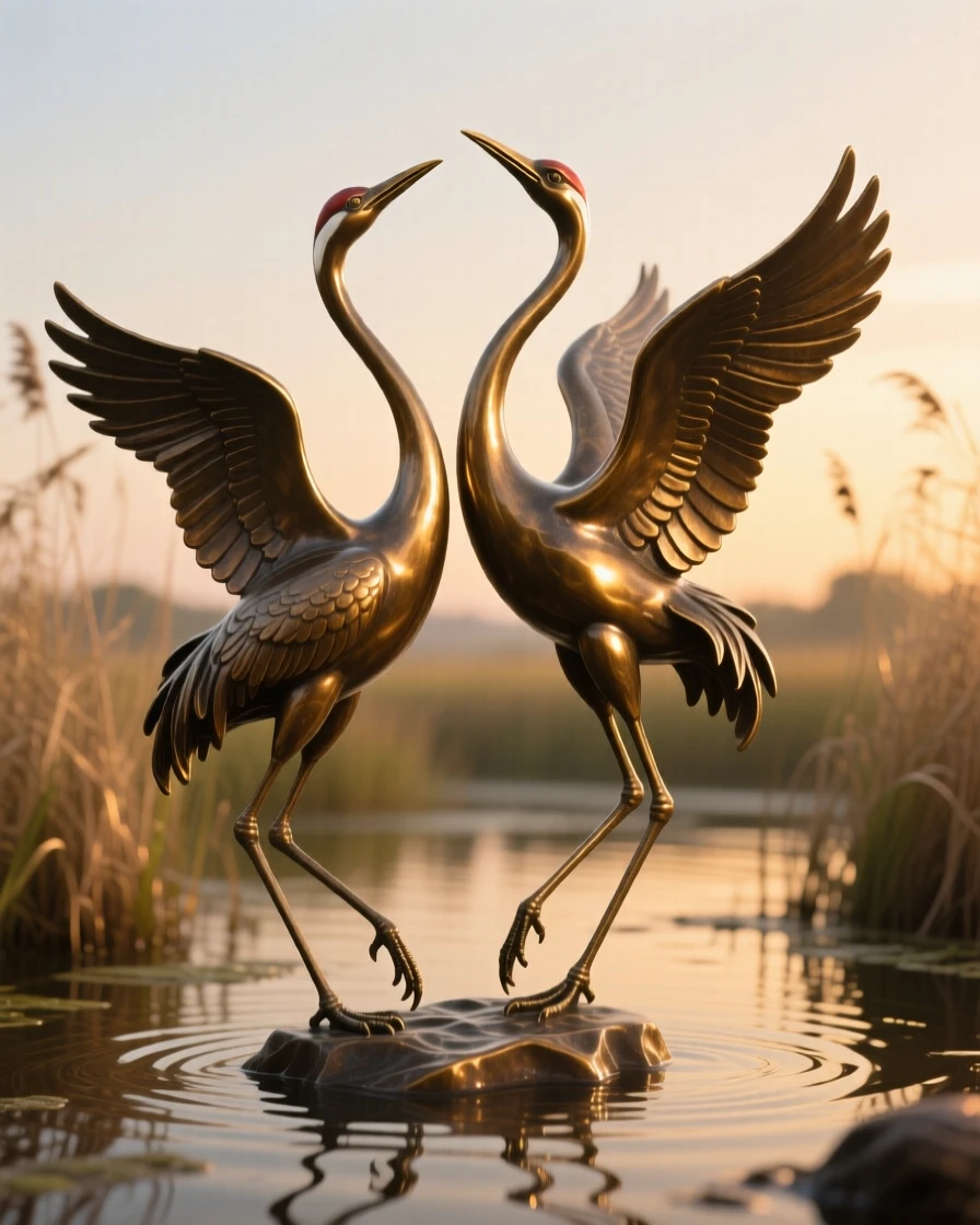 A pair of cranes dancing in a wetland at dawn, bathed in warm, natural light, evoking wonder and majesty