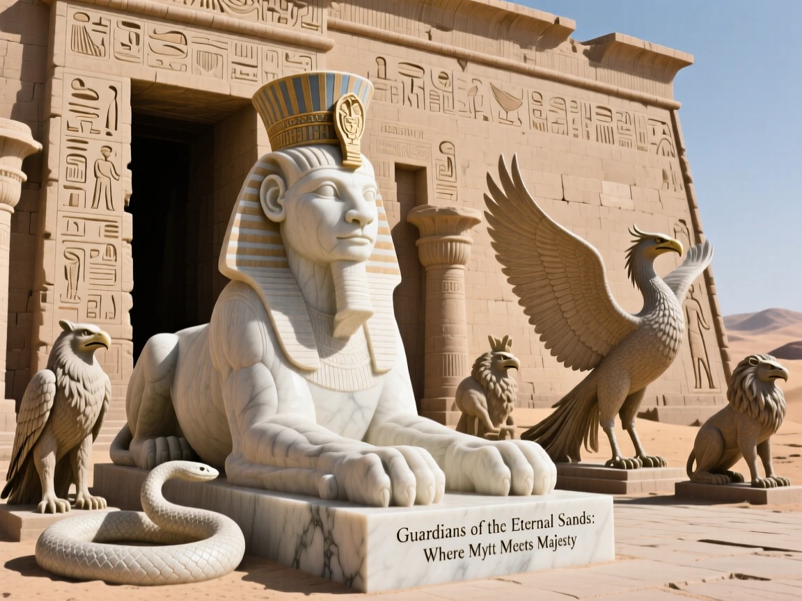 An epic scene of a sphinx guarding a desert temple, with mythical creatures gathered nearby, evoking myth and grandeur