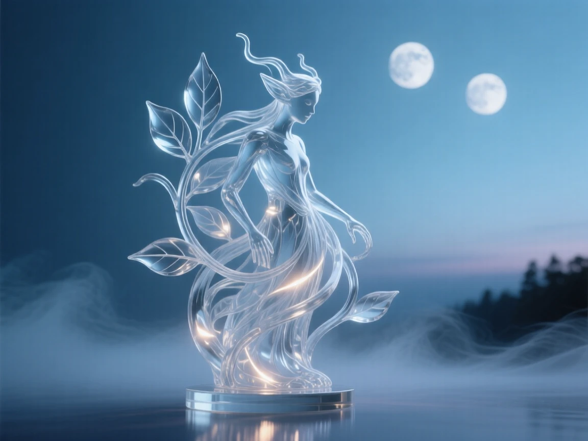 A woodland spirit made of leaves and light under a twilight sky filled with two moons, atmospheric fog rolling through the scene, feeling mysterious and enchanting.